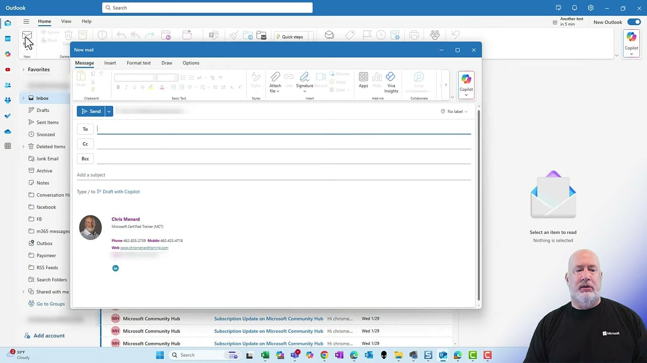 New Outlook message opened in a separate pop-out window