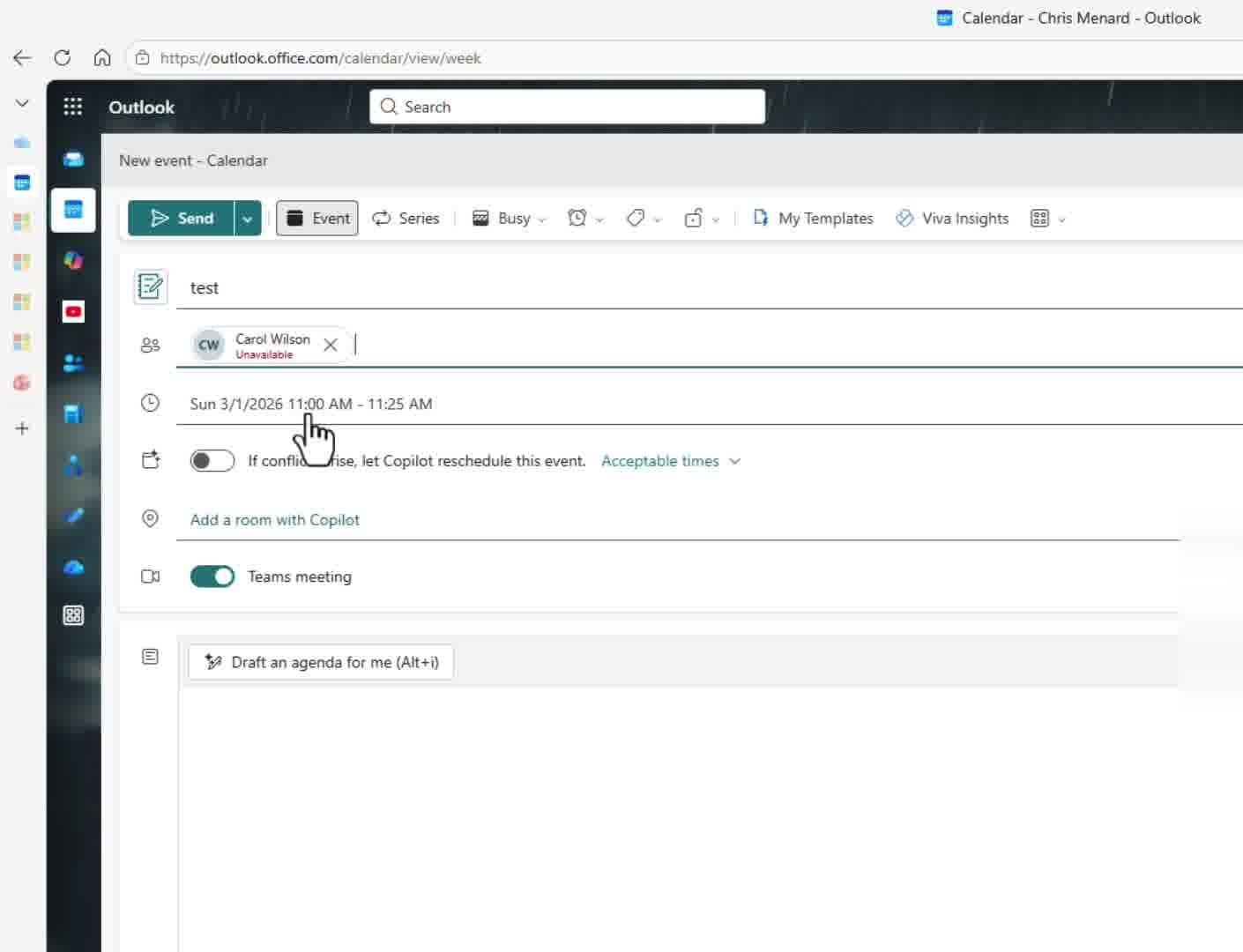 Outlook new event form showing a test meeting with Carol Wilson as attendee, Copilot reschedule toggle, and Teams meeting option