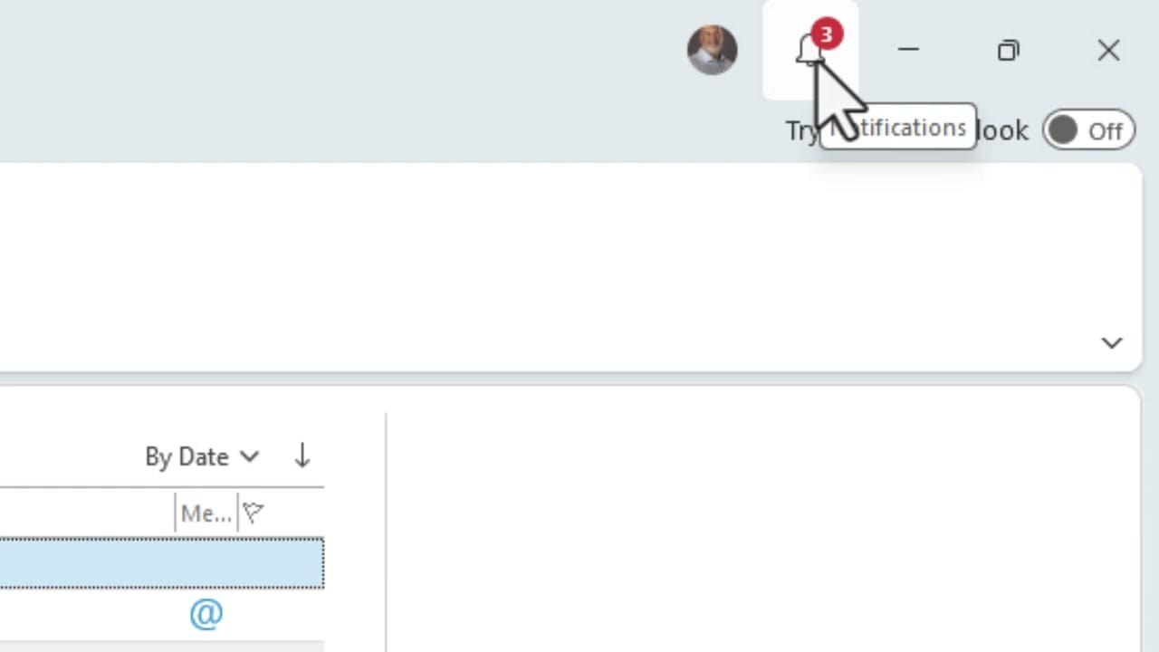 Outlook notifications bell icon with badge count showing 3 unread notifications