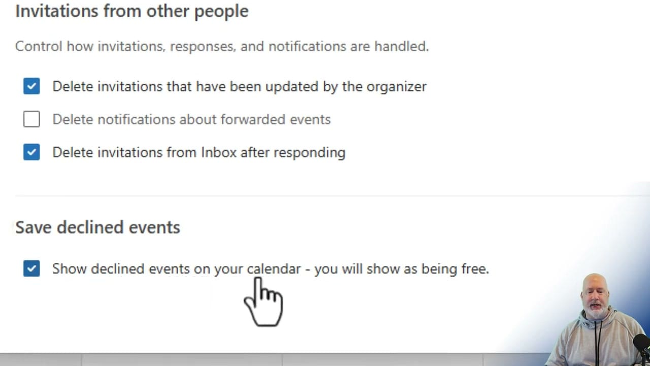 Outlook setting to show declined events on calendar while showing as free
