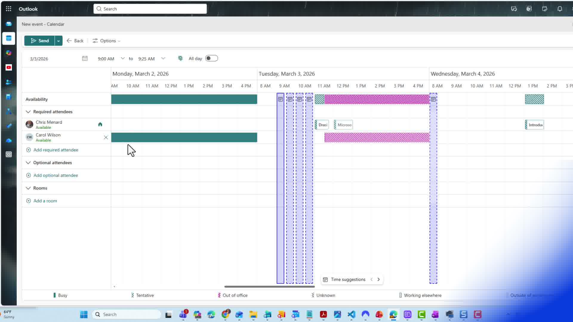 Outlook Scheduler view showing Chris Menard and Carol Wilson availability timelines with busy blocks and Time Suggestions button
