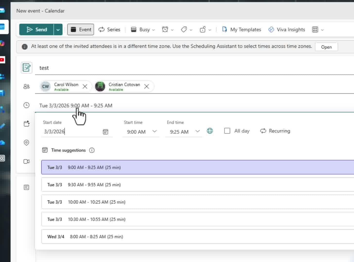 Outlook Time Suggestions panel showing five available meeting slots for two internal attendees on Tuesday and Wednesday