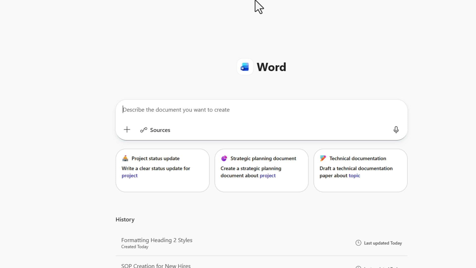 Word Agent page with Describe the document you want to create prompt and template suggestions