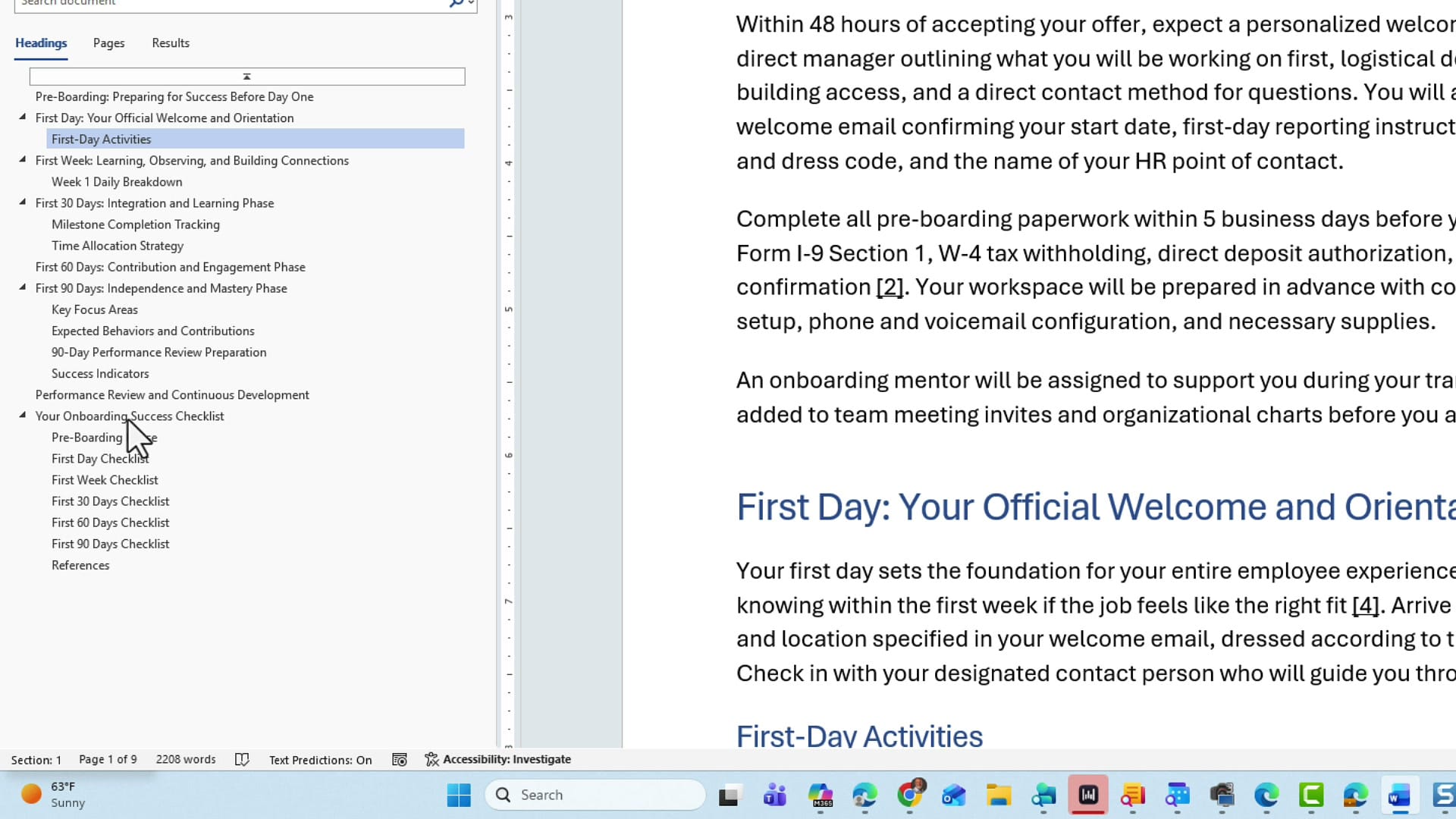 Generated SOP document in Word with the Navigation Pane showing all sections from Pre-Boarding through References