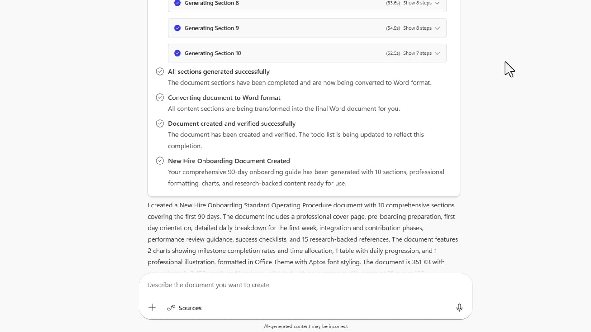 Word Agent showing all 10 sections generated successfully with completion status