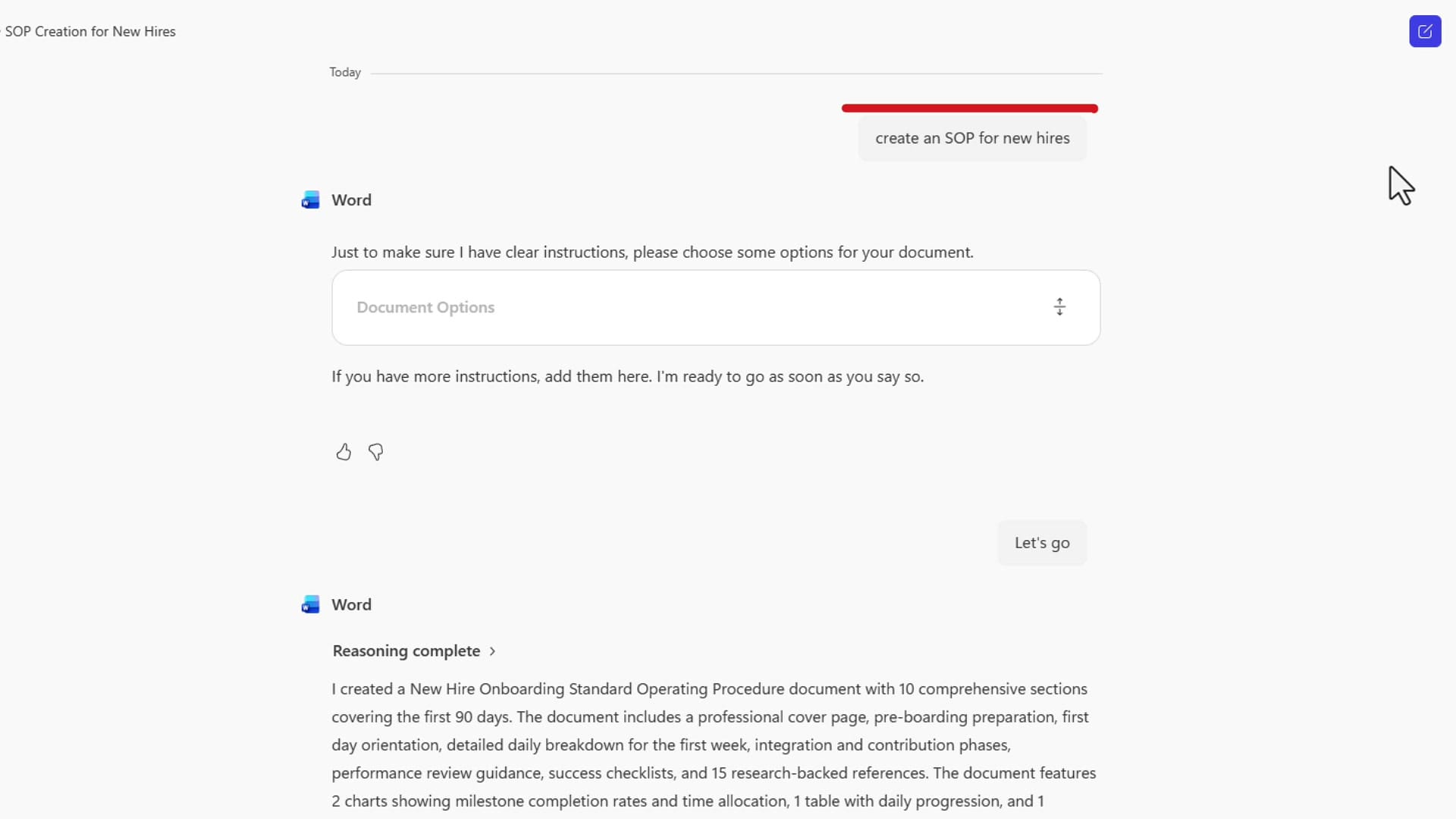 Word Agent showing the SOP prompt, clarifying questions, and Reasoning complete status