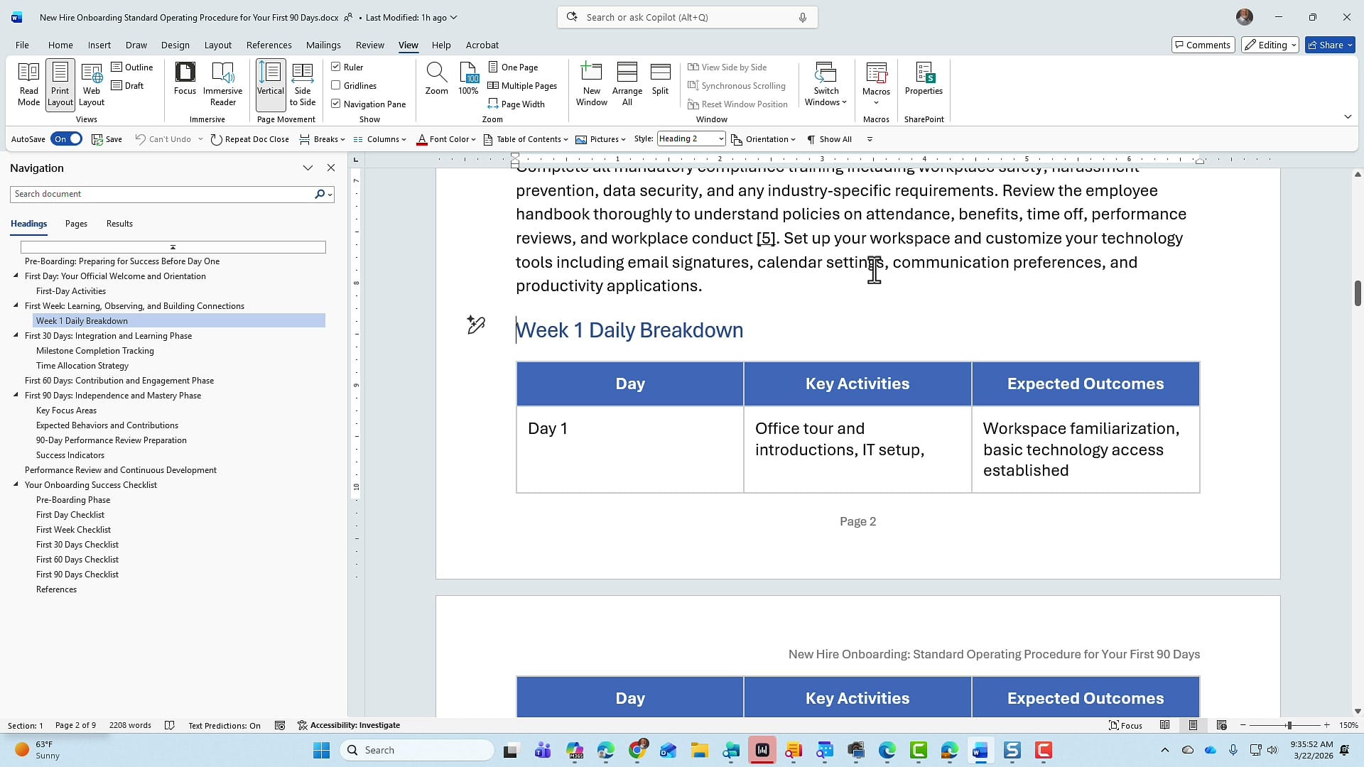 Week 1 Daily Breakdown table in the generated document showing Day, Key Activities, and Expected Outcomes columns