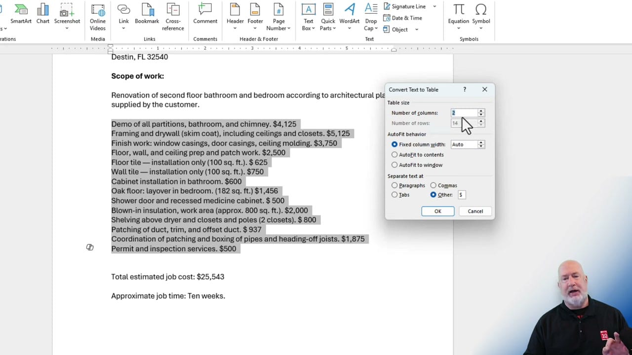 Word Convert Text to Table dialog box with options for number of columns, AutoFit behavior, and delimiter selection