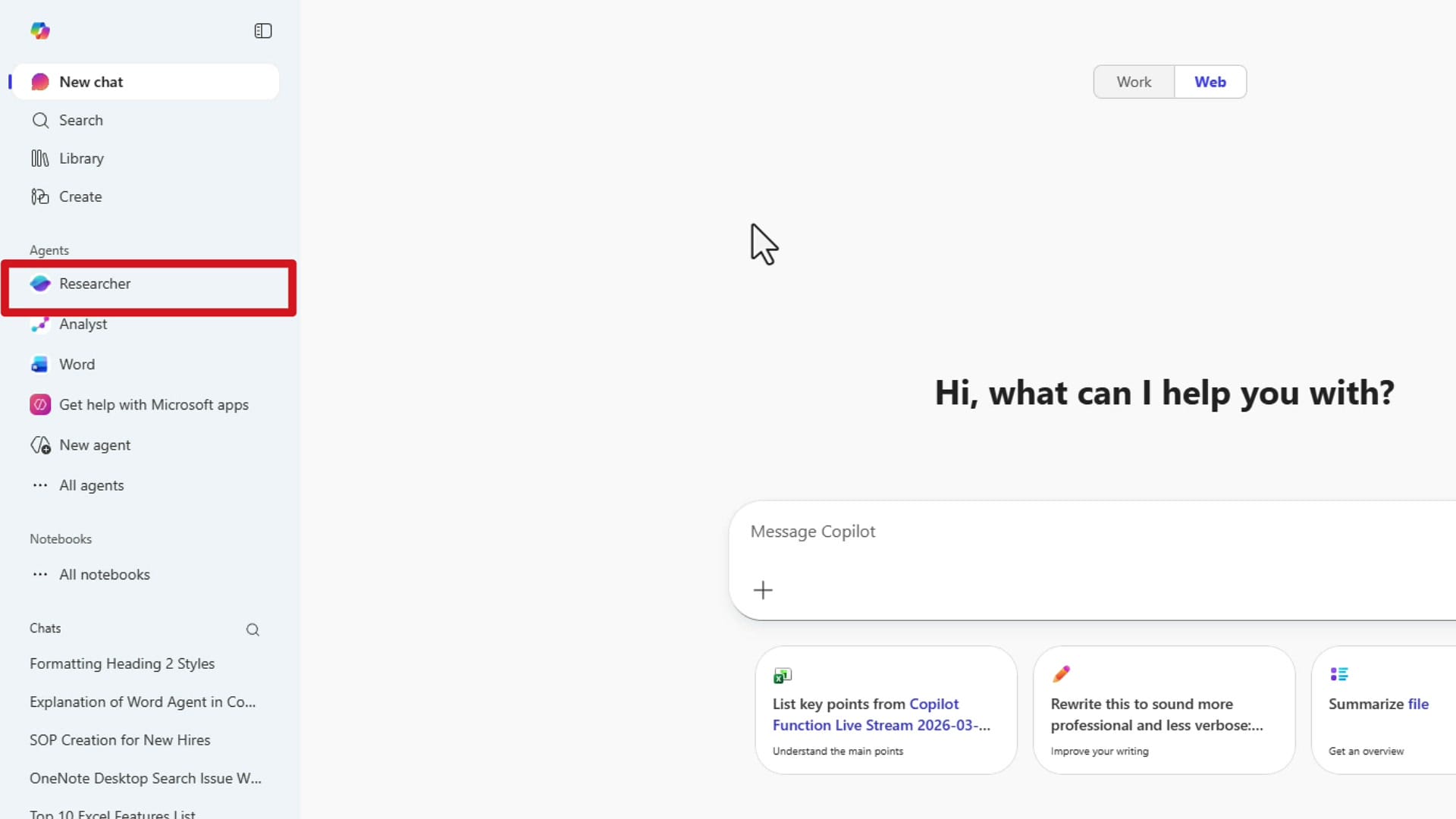 M365 Copilot chat sidebar showing Researcher, Analyst, and Word agents listed under Agents