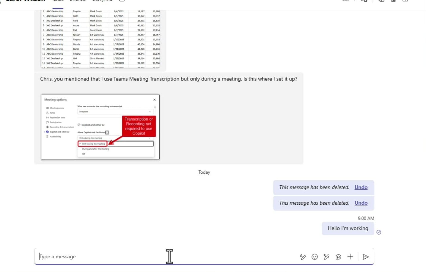 Microsoft Teams chat showing a message that was sent prematurely by pressing Enter
