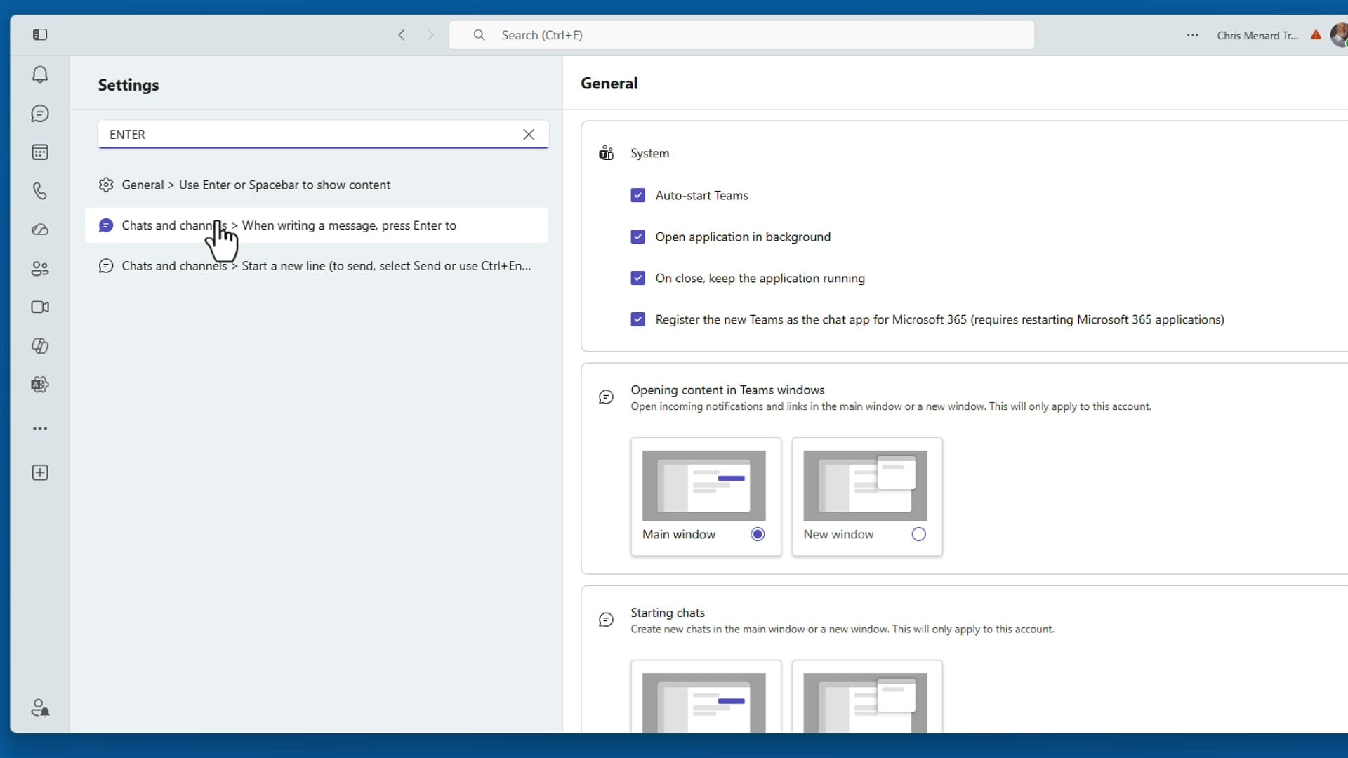 Teams Settings search box with ENTER typed showing filtered results including Chats and channels When writing a message press Enter to