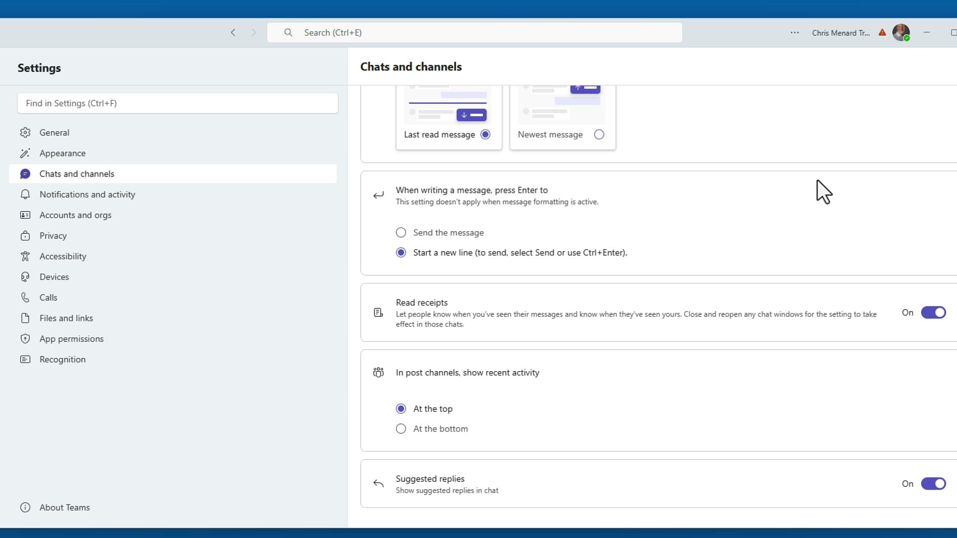 Teams Settings showing the Enter key option changed to Start a new line with note about using Ctrl+Enter to send