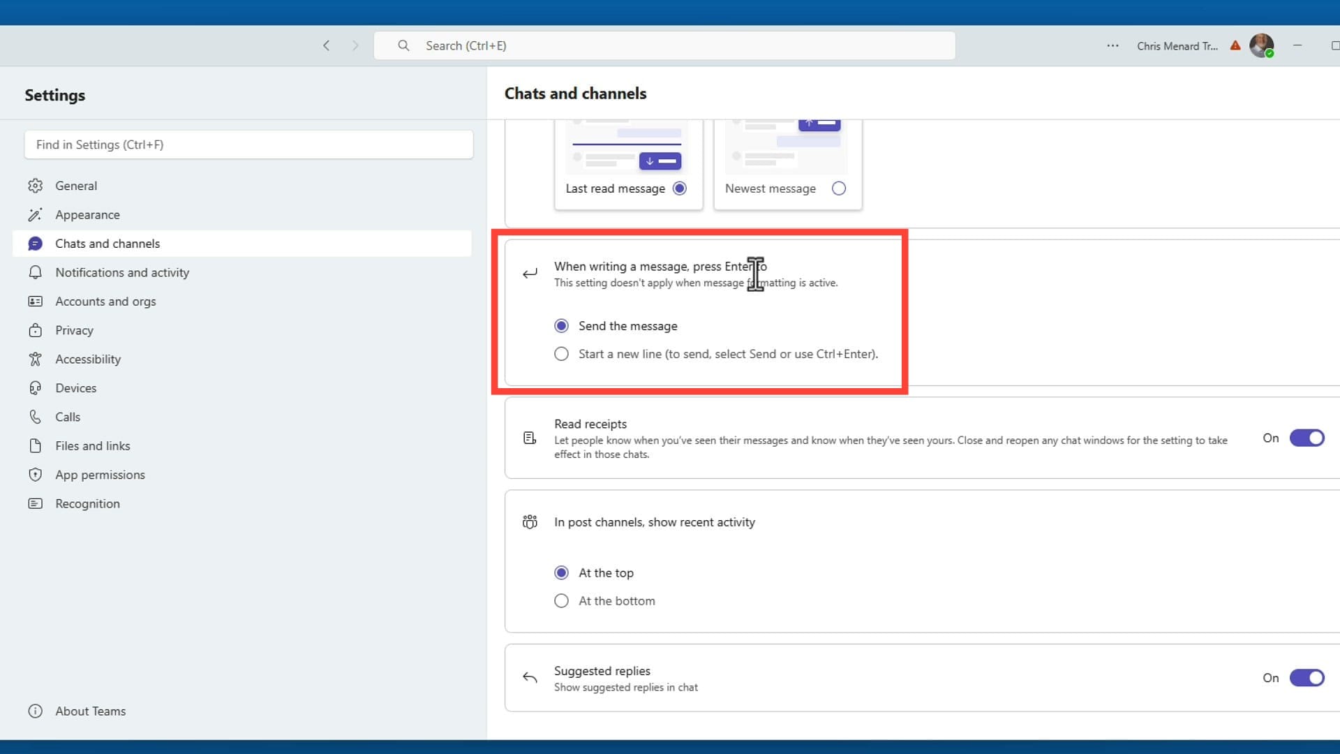 Teams Settings showing Chats and channels with When writing a message press Enter to option set to Send the message