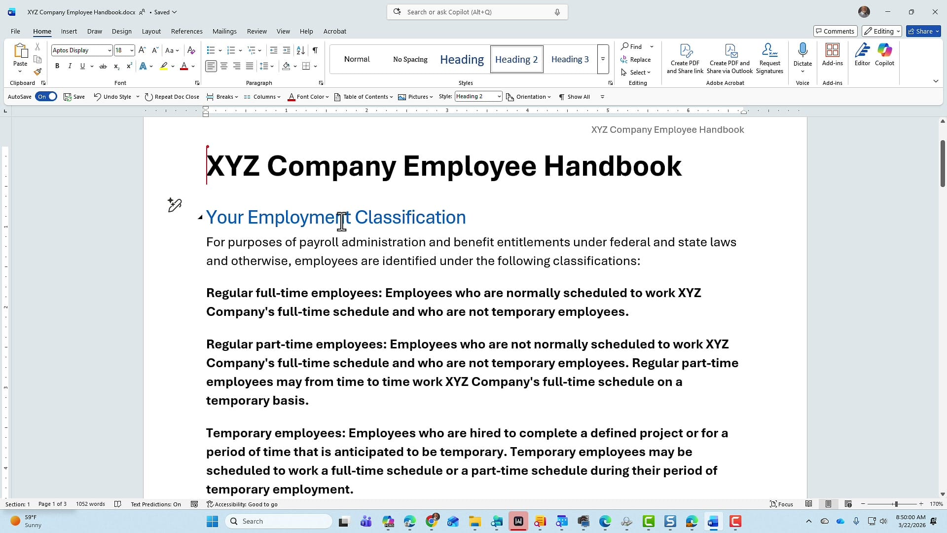 Fixed Word document showing Your Employment Classification as Heading 2 with blue 18-point font and no underline