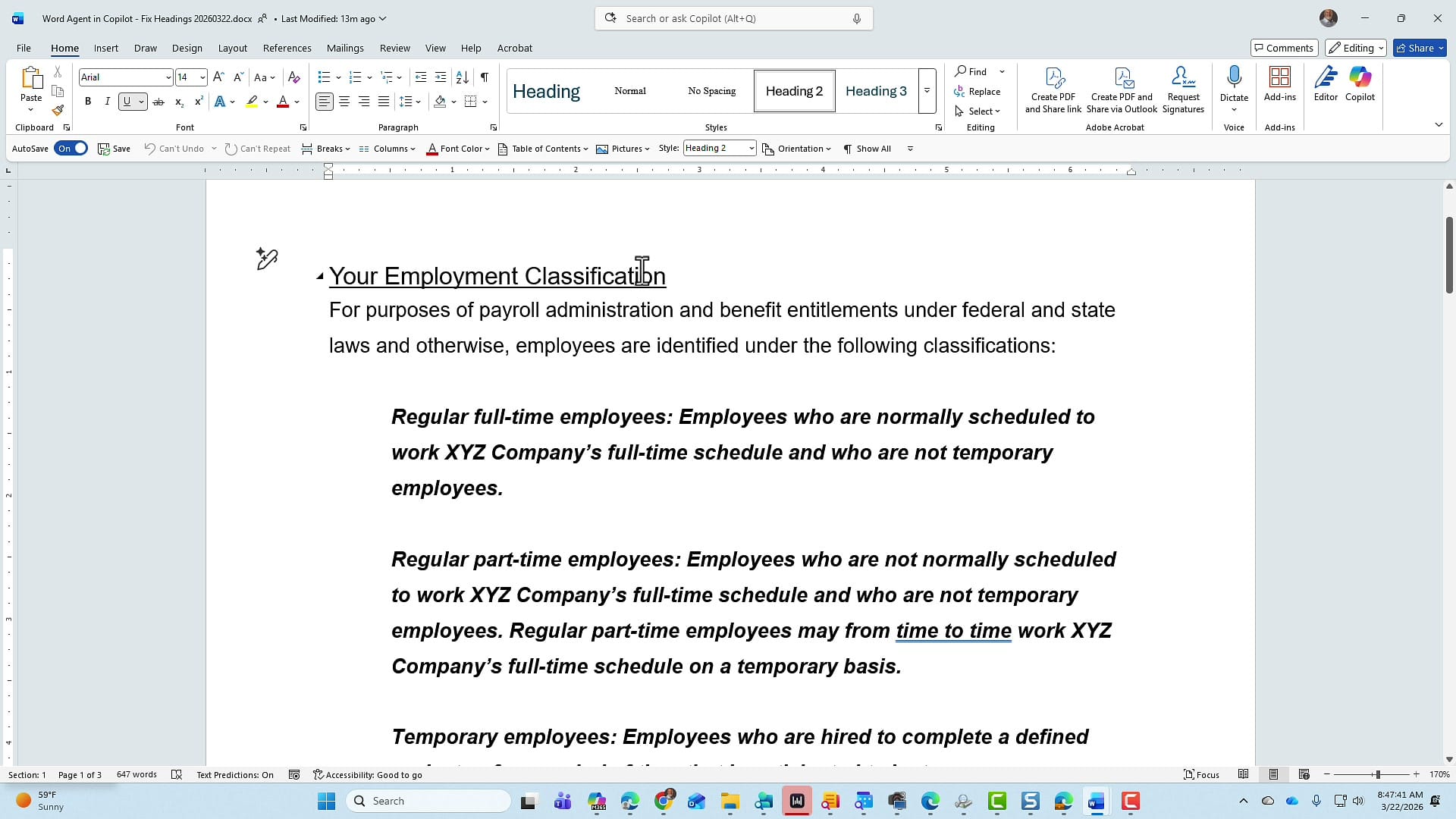 Word document showing Your Employment Classification as a Heading 2 with underline formatting