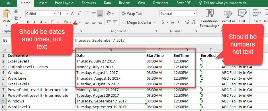 Correct data imported into Excel from a database