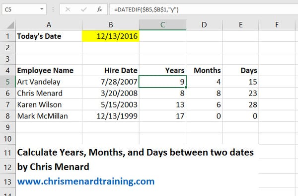 Datedif function in Microsoft Excel